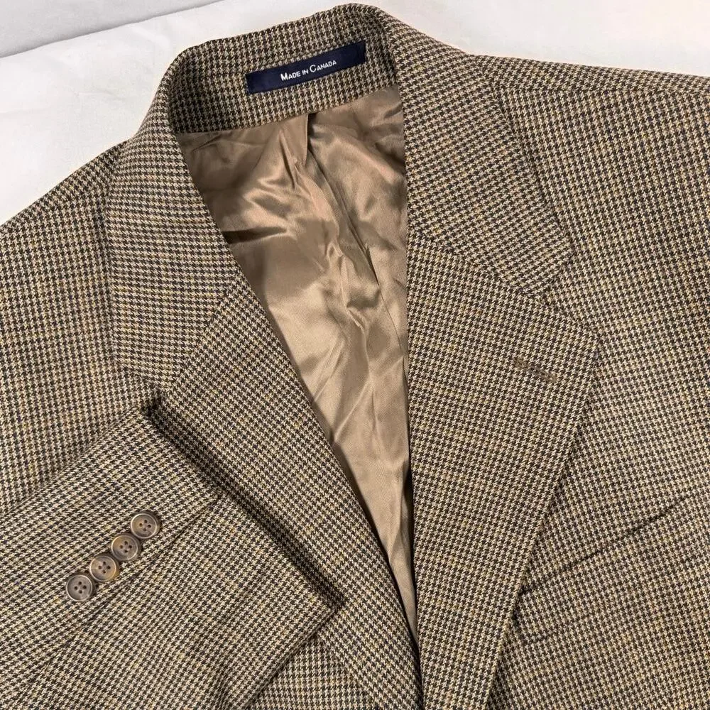 VTG Chaps Ralph Lauren Men’s 42L Silk Wool Blazer Tan Houndstooth Union Made EUC